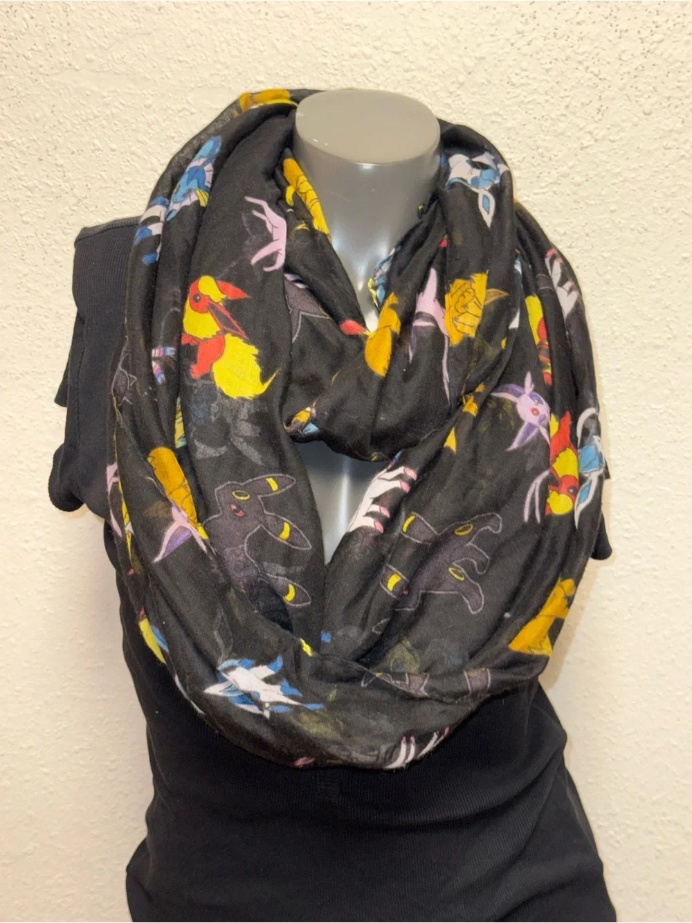 Bioworld Black Infinity Scarf with Yellow, Pink, Blue and Red Character Motifs